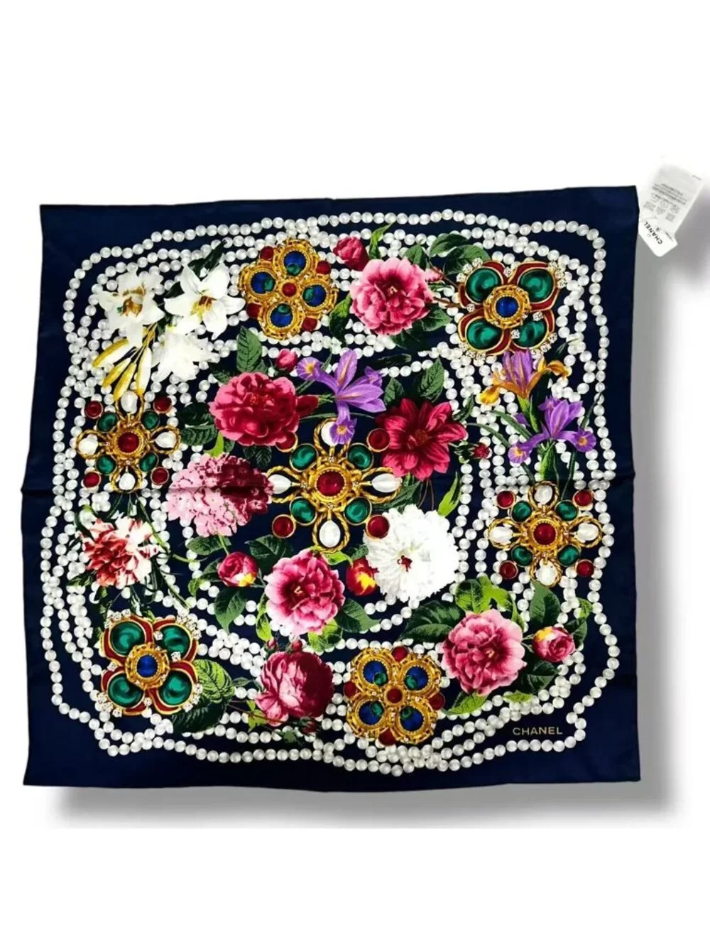 Chanel Scarf 26 Cruise Silk Flower & Pearl Logo Black